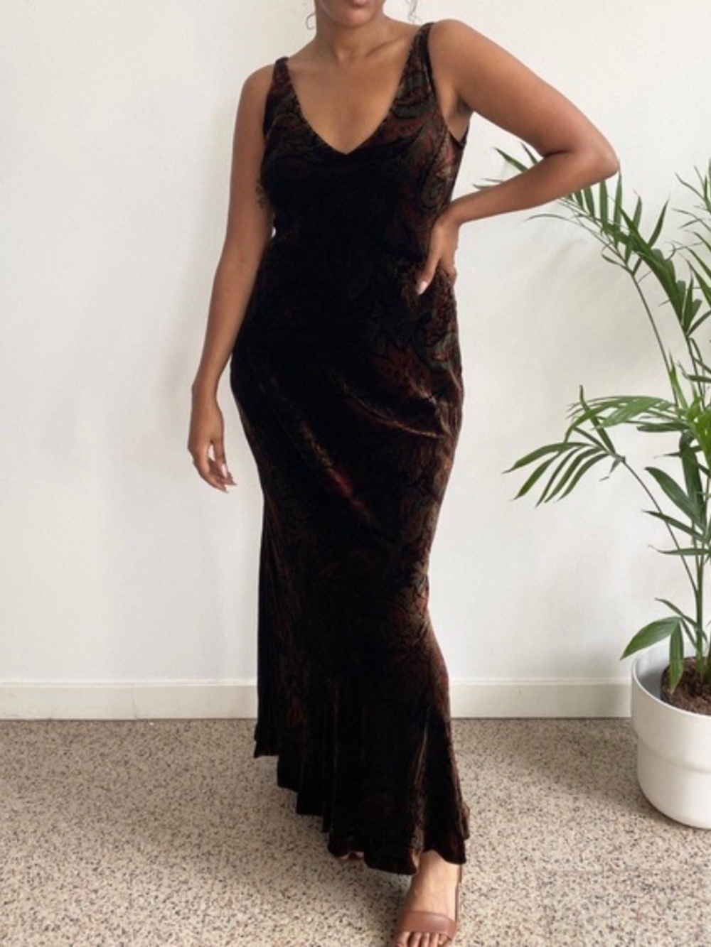 RALPH LAUREN BROWN PAISLEY VELVET MAXI DRESS, SZ 12